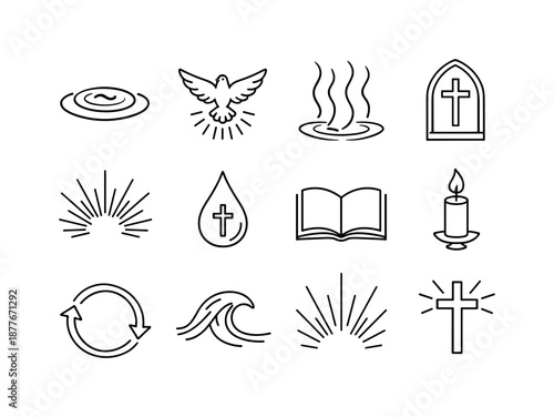 Christian Baptism Icons. Christian baptism. Line icon set of christian baptism: holy ripple, descending dove symbol, water streams, church cross