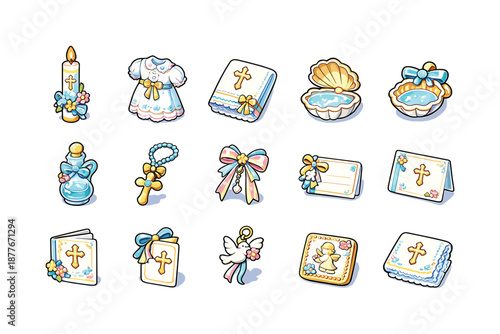 Baptism Icon Collection. Baptism accessories. Colorful isometric vector icons set of baptism accessories: baptism candle, embroidered gown, baptism towel,