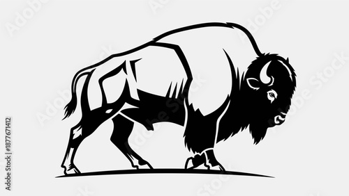 Black and White Bison Illustration.