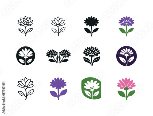 Aster Birth Flower Icons. birth flowers. Icon set. Set Logo of birth flowers: aster (September). harmonious logo variations of the same emblematic concept,