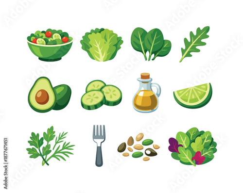 Green Salad Icons. Green Salad. Colorful flat vector icons set of Green Salad: green salad bowl, lettuce, spinach, arugula, avocado, cucumber, herbs, lime