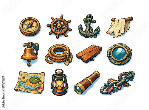 Nautical Relics Icons. nautical relics. Colorful isometric vector icons set of nautical relics: old compass, weathered wheel, rusted anchor, torn sail piece,