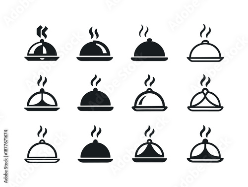 Cooking Show Logos. cooking show. Icon set. Set Logo of cooking show: cloche tray symbol. harmonious logo variations of the same emblematic concept, each with