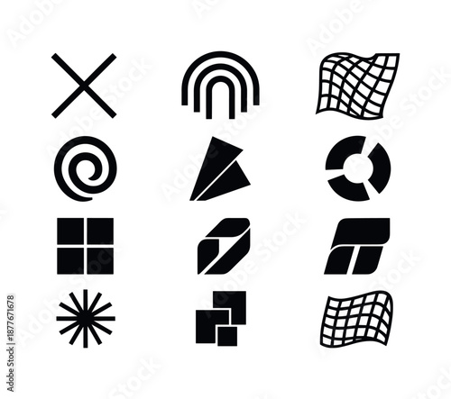 Abstract Geometry Icons. Abstract geometry. Solid icon set of abstract geometry: intersecting lines, layered arcs, curved mesh, spiral loop, angled shard,
