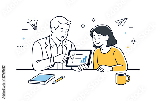 Mentorship Illustrated. Manager and employee mentoring. Manager explaining a task while pointing to a tablet screen, guidance, learning and professional