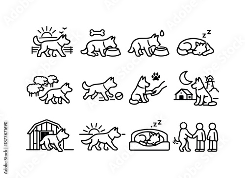 Farm Dog Icon Set. Farm dog. Line icon set of farm dog daily routines: morning patrol, food time, water break, midday rest, herding session, playtime, training