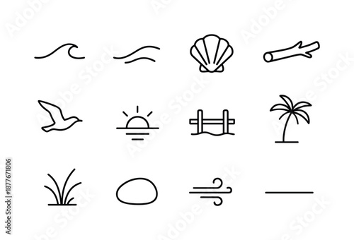 Seaside Line Icons. Calm seaside. Line icon set of Calm seaside: still wave, soft sand curve, seashell outline, driftwood, seagull in flight, sunset disc,