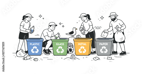 Beach Cleanup Volunteers. Group doing beach cleanup sorting waste. Volunteers placing collected items into labeled recycling bins. Responsible habits and