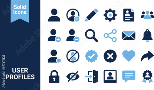 Solid User Profile Vector Icons - Blue Account, Login, Avatar, Admin, and Privacy Settings Symbols Set
