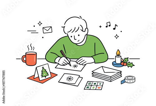 Holiday Card Writing. Writing holiday cards at home. Individual leaning over a table with cards and stamps, cozy atmosphere and quiet festive
