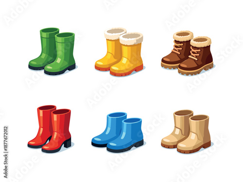 Colorful Autumn Footwear Icons. Autumn footwear. Isometric flat vector icons set of Autumn footwear: matte rubber boots, rain boots with lining, warm insulated