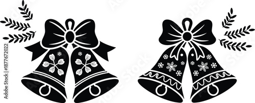Black and white Christmas bell silhouette vector set with decorative bows snowflakes holiday ornament icon illustration for winter festive design