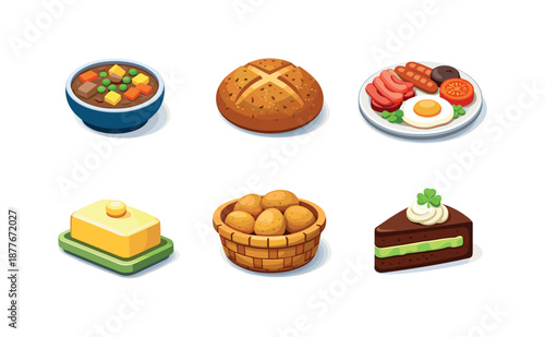 Irish Food Icons. Irish Food. Isometric flat vector icons set of irish food: stew bowl, soda bread loaf, full breakfast plate, butter dish, potato basket,