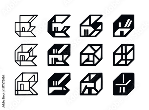 Geometric Bookshelf Icons. Geometric bookshelf with a modern, artistic design. Icon set. Set Logo of Geometric bookshelf with a modern, artistic design: