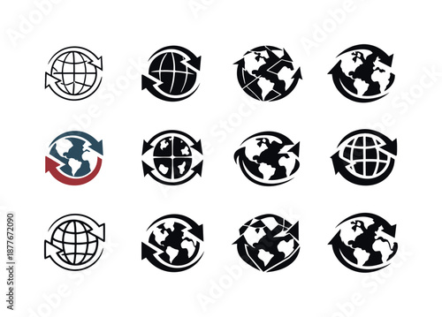 Cross-Timezone Collaboration Icons. Cross-timezone collaboration. Icon set. Set Logo of Cross-timezone collaboration: world map with sync arrows. harmonious