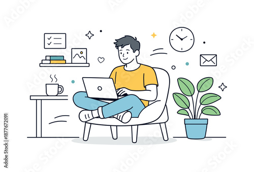 Minimalist Home Office Vibe. Minimal home office lifestyle. Remote worker sitting comfortably with laptop and plant, relaxed focus and everyday balance.