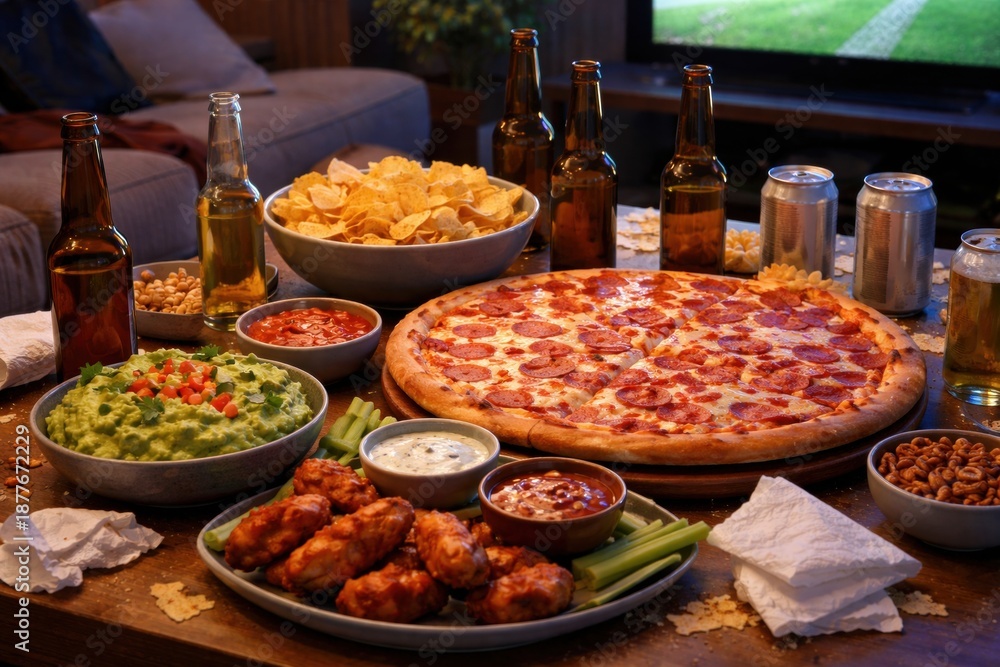 Fototapeta premium Pepperoni pizza party table with beer and snacks during football match night. Concept of emotional soccer watching, casual home gathering and comfort food lifestyle for advertising.