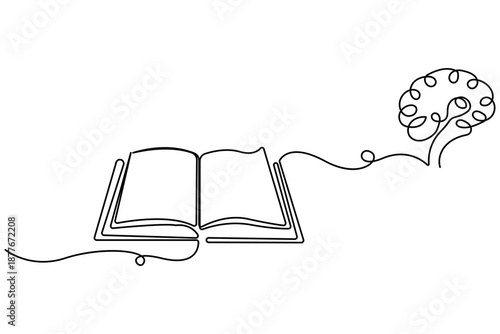 Single line illustration showing brain emerging from open book learning idea
