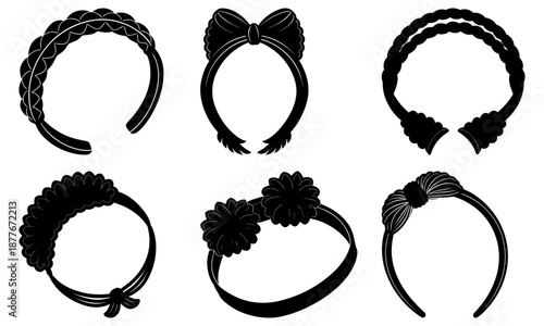 Six Different Black Hair Accessories on White Background headbands bows