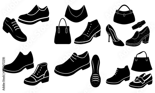 Collection of black and white shoe and bag silhouettes on white background shoes bags