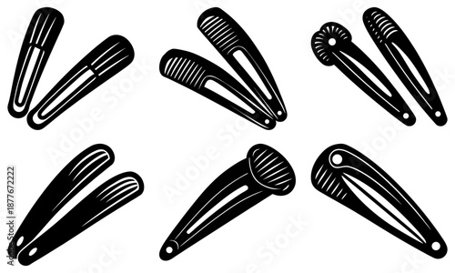 Set of black hair clips with different on white background hair accessories hair styling