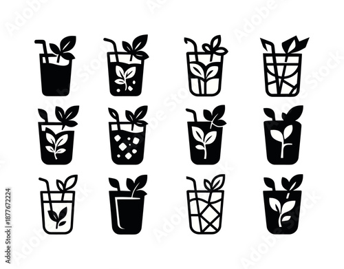 Cocktail Logos Grid. Cocktail culture. Icon set. Set Logo of cocktail culture: mojito glass with mint. harmonious logo variations of the same emblematic