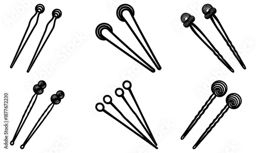 Set of Hair Styling Tools with Decorative Ends on White Background hair pins hair sticks