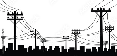 Black and white city skyline illustration with power lines, utility poles, electrical cables, urban energy infrastructure, minimalist vector background