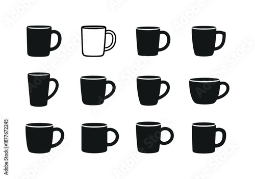 Mug Silhouette Icons. Mug silhouette variations. Solid icon set of mug silhouette variations: bold mug outline, thin mug outline, rounded handle, angular