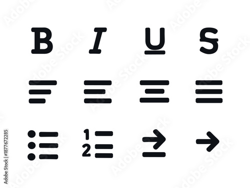 Text Formatting Icons. Text formatting tools. Solid icon set of text formatting tools: bold B, italic I, underline U, strikethrough S, align left, align