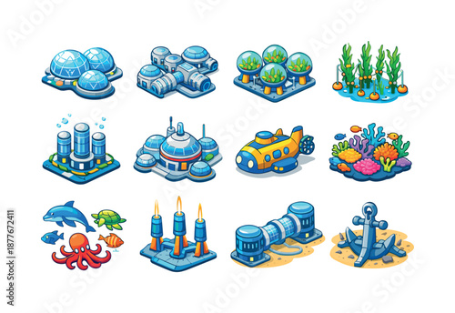 Colorful Marine Colonies Icons. Marine colonies. Colorful isometric vector icons set of marine colonies: colony domes, habitat clusters, underwater farming