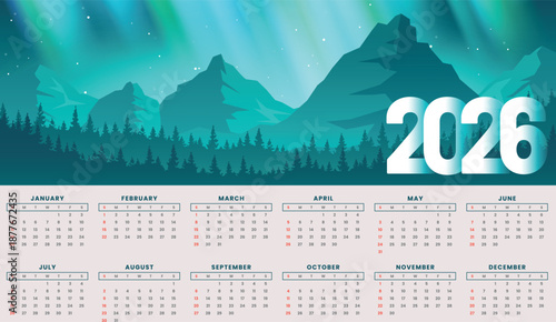2026 Annual Calendar Template with Majestic Teal Mountains and Vibrant Aurora Borealis. This modern vector illustration features a full year's pwhite blue 2026 year calendar template in business style
