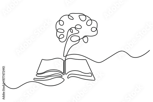 Continuous one line drawing of brain coming from open book education concept

