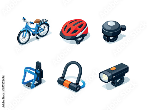Bicycle Gear Grid. Bicycle. Isometric flat vector icons set of Bicycle: city bicycle, bicycle helmet, bike bell, water bottle cage, bike lock, front bike