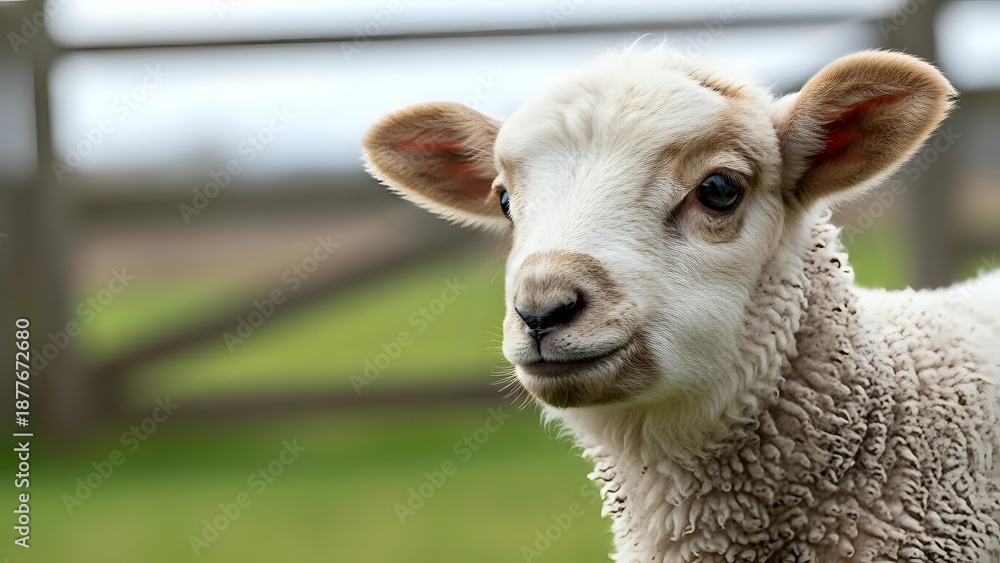 Obraz premium Young white lamb with pink ears looking at camera in pastoral farm setting with wooden fence and green grass background for agriculture content.