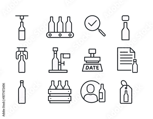Wine Bottling Outline Icons. Wine Bottling Process. Line icon set of Wine Bottling Process: bottle filling nozzle, conveyor belt, quality check symbol, cork