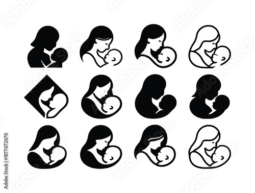 Baby Latching Icons. Baby latching. Icon set. Set Logo of Baby latching: Mother and baby side profile: Flat solid, Stylized detail, Negative space, Minimal