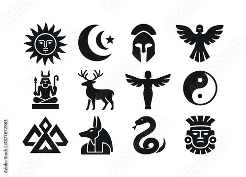Religious Myths Icons. Religious myths and their cultural importance. Icon set. Set Logo of Religious myths and their cultural importance: Sun god radiance:
