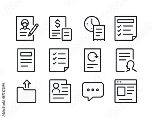 Freelance Icon Set. Freelance work. Line icon set of Freelance work: freelance contract, invoice, hourly log, task brief, project outline, deliverables list,