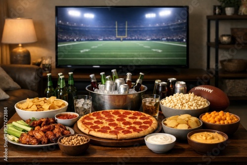 American football watch party table with pizza beer chips and dips. Concept of cozy home game night, relaxed excitement and comfort food for advertising, streaming platforms and sports marketing. © master1305