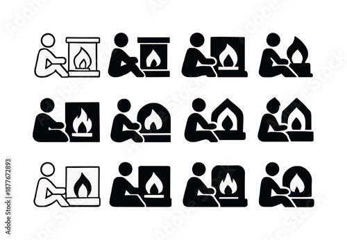 Fireplace Emblem Variations. People enjoying a warm fire in the fireplace. Icon set. Set Logo of people enjoying a warm fire in the fireplace: person sitting