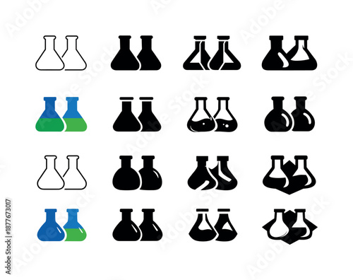 Volumetric Flask Logos. volumetric flasks. Icon set. Set Logo of volumetric flasks: dual flasks side-by-side. harmonious logo variations of the same emblematic