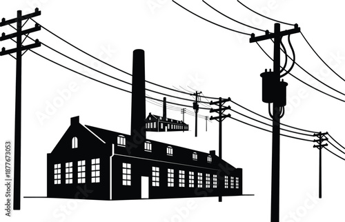 Black and white industrial factory illustration with power lines, utility poles, electrical transformer, urban energy infrastructure, minimalist vector background