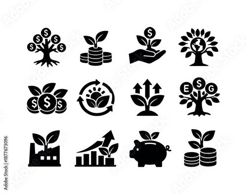 Green Finance Icons. Green finance. Solid icon set of Green finance: eco money tree, sustainable finance plant, green investment icon, ethical wealth tree, eco