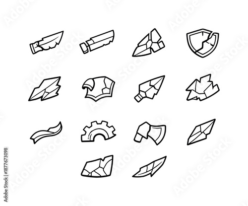 Weapon Shards Icons. Weapon shards. Line icon set of Weapon shards: broken blade, chipped sword piece, shattered arrowhead, cracked shield fragment, jagged