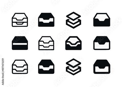Modern Inbox Icons. Inbox architecture. Icon set. Set Logo of Inbox architecture: Layered mail tray system: Minimal outline, Filled silhouette, Abstract
