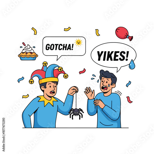 A jester tricks a man with a spider