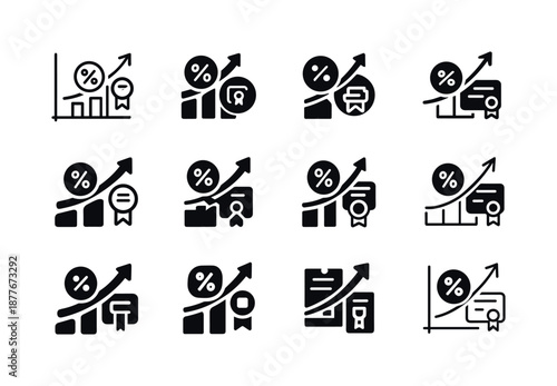 Interest Rates Icon Set. Interest rates and bonds. Icon set. Set Logo of Interest rates and bonds: interest curve chart. harmonious logo variations of the same