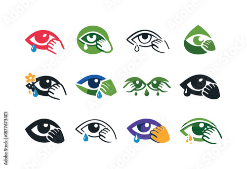 Spring Allergy Icons. Spring allergies. Icon set. Set Logo of spring allergies: itchy eye icon. harmonious logo variations: Flat solid, Iconic shape, Minimal