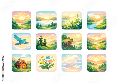 Valley Morning Icons. Valley Morning. Colorful flat vector icons set of Valley Morning: sunrise glow, fog layer, dew-covered grass, river glisten, bird in